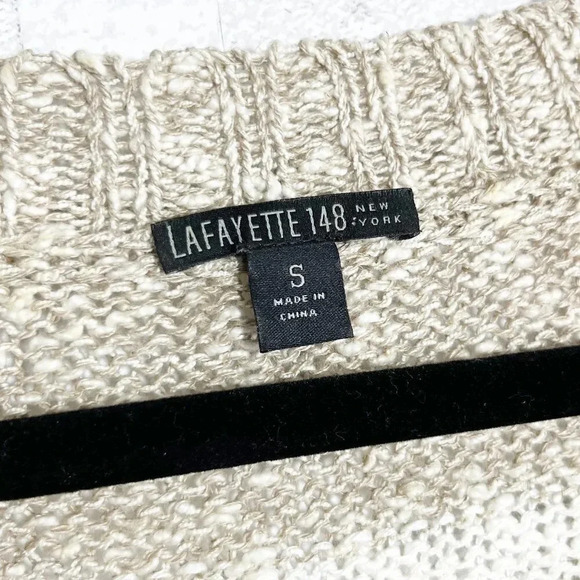 Lafayette 148 White & Tan Striped Open Knit Short Sleeve Sweater Linen + Cotton - Picture 6 of 8